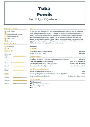 Fen Bilgisi Öğretmeni CV Örnekleri cv indir
